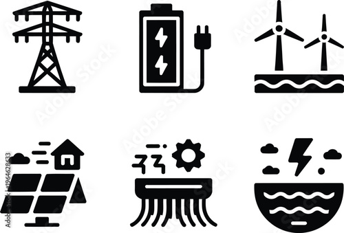 Energy icons set including power transmission tower and renewable sources