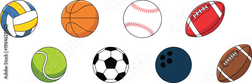 Collection of popular sports balls including volleyball basketball baseball rugby tennis soccer and bowling ball illustrated in clean minimal style
