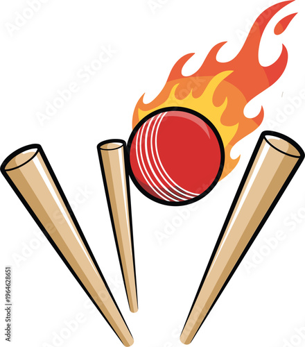 Flaming cricket ball smashing wooden stumps in dramatic action sports illustration with fire trail and dynamic energy concept visual scene