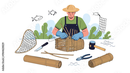 Crafting Tradition: An artisan meticulously weaves a fish trap, embodying the time-honored practices of a bygone era. A still life of artistry and craftsmanship.