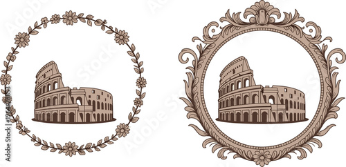 Classic Rome landmark Colosseum artwork with ornamental border and floral circle frame in retro style perfect for travel and history themed designs