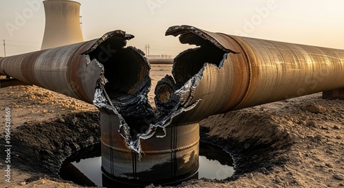 Damaged Industrial Pipeline with Oil Leak.