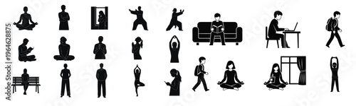 People silhouette lifestyle vector icon set featuring yoga meditation working and daily human activities for web design
