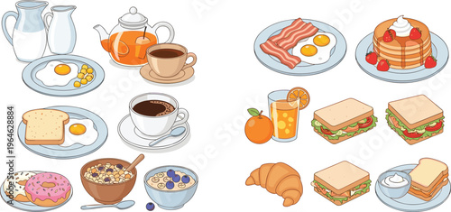 Flat vector illustration collection of breakfast food items including fried eggs with bacon, pancakes with strawberries, sandwiches, croissants, coffee, orange juice, donuts, and oatmeal.