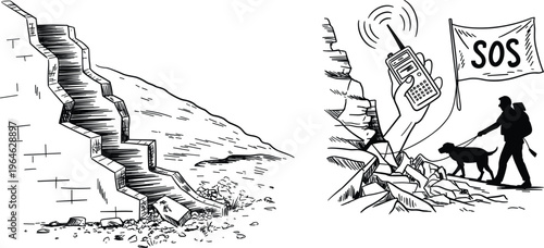 Earthquake damage illustration showing cracked wall and rubble with emergency rescue scene, radio communication and SOS signal for disaster response concept