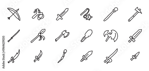 Collection of medieval fantasy weapons in a black and white vintage engraving style. Comprehensive set of black and white weapon icons including swords, axes, guns, vector illustration.