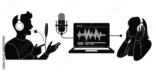 Podcast recording silhouette set featuring people with headphones microphone and audio wave on laptop