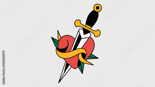 Traditional tattoo design featuring a heart pierced by a dagger with gold accents