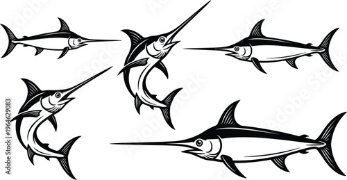 Marlin and swordfish vector illustration set, black and white salt water sport fishing icons, marine life jumping isolated on white