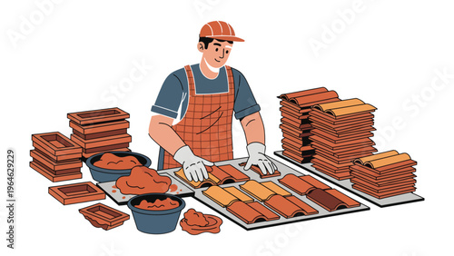 Craftsman at Work: A skilled artisan meticulously works on arranging terracotta tiles, showcasing the hands-on process of their creation in a workshop.