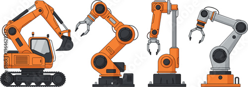 Set of industrial robotic arms and excavator machines isolated on white background automation technology vector illustration collection