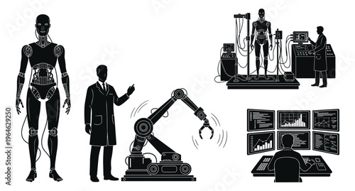 Robotics and artificial intelligence vector illustration for research, industrial automation, human collaboration and technology development