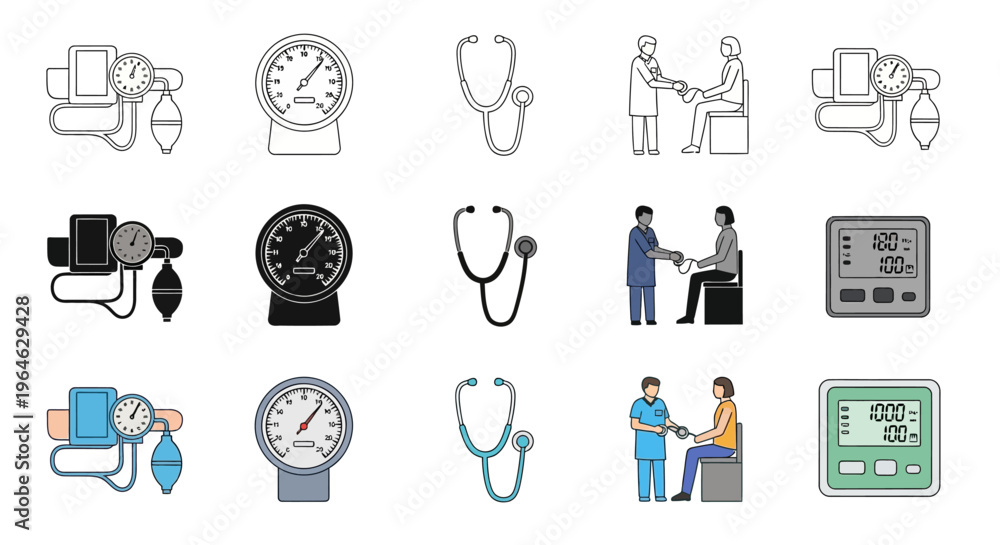 Fototapeta premium Diverse Medical Examination Icon Set with Blood Pressure Monitors, Stethoscopes, and Patient Consultations for Healthcare Design Projects