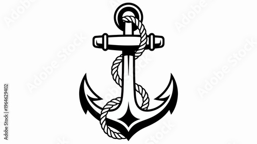 A classic black and white illustration of a nautical anchor with rope details