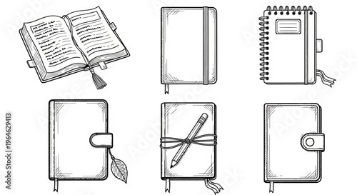 Collection of beautifully detailed hand-drawn notebook and journal illustrations, perfect for creative planning, personal journaling, and organizational design projects