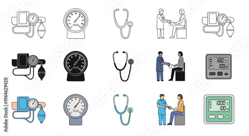 Diverse Medical Examination Icon Set with Blood Pressure Monitors, Stethoscopes, and Patient Consultations for Healthcare Design Projects