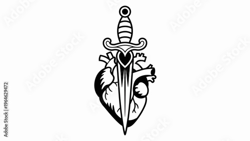 A stark black and white illustration of a heart pierced by a dagger