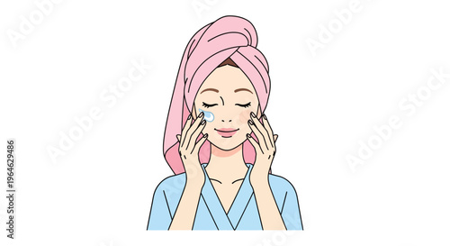 Woman applying skincare with pink towel on head in soft pastel colors in flat illustration for beauty product advertising