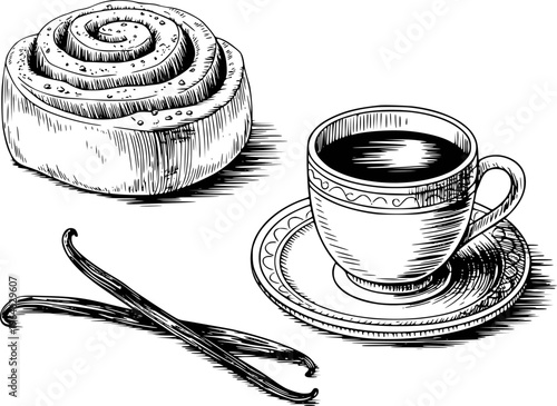 Hand Drawn of Cinnamon Roll Coffee Cup and Vanilla Beans White Background saucer
