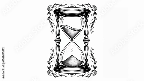 An elegant hourglass illustration surrounded by floral embellishments and ornate details
