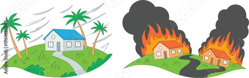 Extreme weather and disaster illustration showing hurricane winds bending palm trees and destructive wildfire burning homes with thick smoke clouds