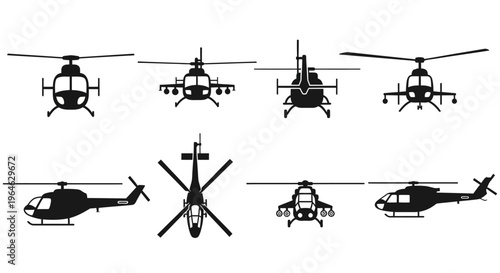 Diverse collection of helicopter silhouettes, showcasing various aircraft models and flight perspectives, ideal for aviation graphic design elements and vector illustrations