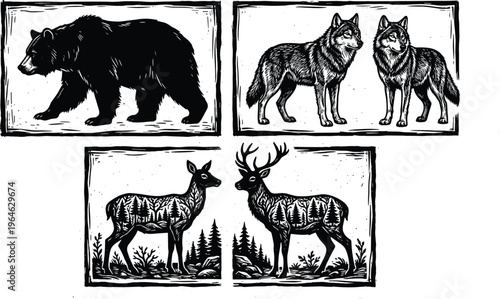 Vintage Linocut Forest Animal Collection Featuring Black Bear Wolves and Deer Silhouette With Evergreen Trees Woodland Nature Vector Art Illustration Set