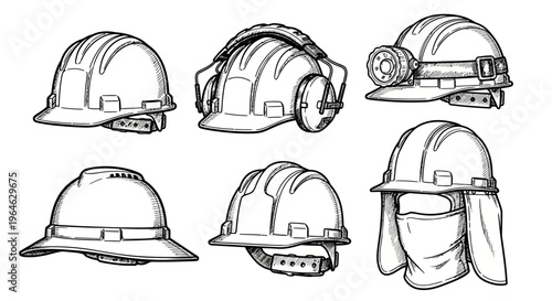 Collection of illustrated hard hats and protective headwear for industrial and construction safety