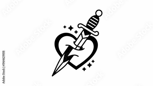 A traditional tattoo design featuring a heart pierced by a dagger with stars