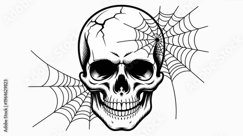 A spooky black and white illustration of a skull covered in a spiderweb