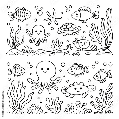 An underwater ocean scene with cartoon sea creatures and seaweed illustration