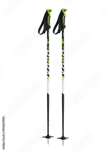 pair of modern high-performance matte black ski poles with vibrant lime green accents and ergonomic handles, isolated on transparent studio background, e-commerce product display concept