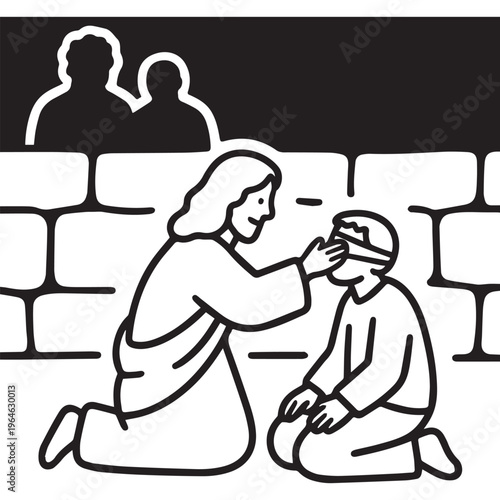 Jesus Christ healing a blind man biblical miracle scene vector line illustration