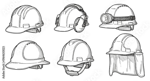 Collection of essential industrial safety helmets and protective headgear designs, including various hard hat styles depicted in intricate line art for workplace protection