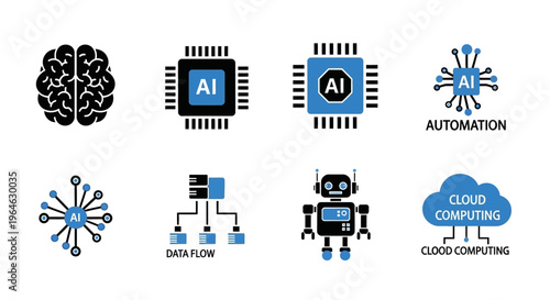 Artificial Intelligence and Cloud Computing Technology Icons Collection.