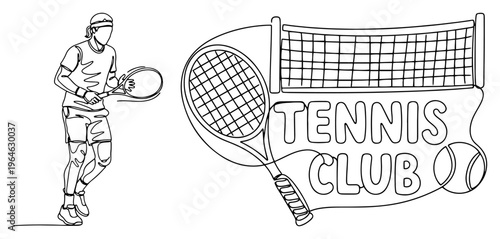 Continuous line drawing of a professional tennis player with a racket and tennis club text logo