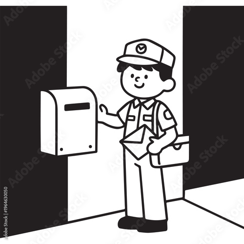 Postman delivering letter to mailbox at house door vector black line illustration