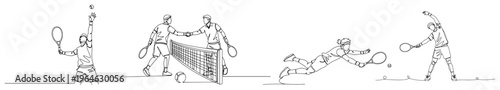 Minimalist continuous line art showing different tennis player actions and sportsmanship moments