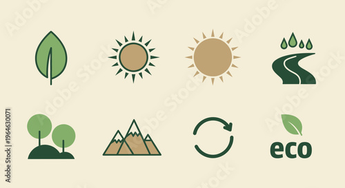 Collection of nature and environmental icons with leaves, sun, mountains, and eco symbols.