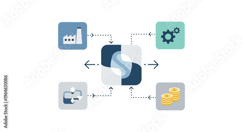 Business Process Integration Hub Vector Diagram. Connecting Supply Chain, Finance, Production, and Optimization Systems.