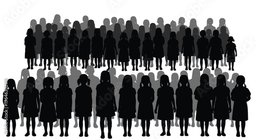 A large group of diverse young girls standing together, presented as an appealing vector graphic illustration.