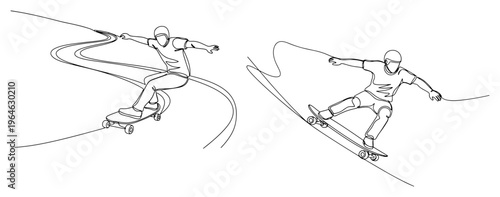 Continuous line art illustration of skateboarders riding on a winding path