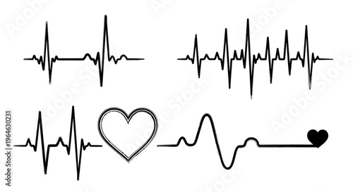 Various heartbeat rhythm lines, illustrating ECG patterns, vital signs, and pulse waves. Includes artistic designs with heart shapes, symbolizing life, health, and affection