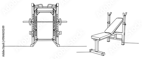 Gym squat rack and weight bench in continuous line art style