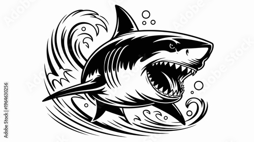 A striking black and white illustration of an aggressive shark in swirling water