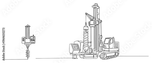 Continuous line drawing of a heavy industrial drilling rig machine for construction and soil sampling