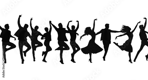 Group of silhouetted people dancing together in a joyful celebration