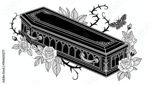A detailed illustration of a coffin adorned with flowers and a butterfly