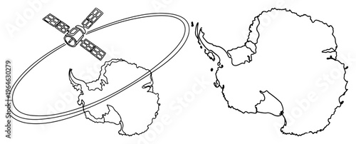 Antarctica continent map and satellite orbit in continuous line art style