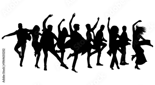 Group of silhouetted people dancing joyfully in a celebratory formation